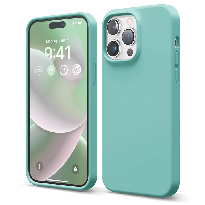 Husa CASEY STUDIOS™ compatibila cu iPhone 14 Pro Max, Soft Silicone Premium, Microfibra in Interior, Turqoise, de Protectie, Ultra Slim, pentru Incarcare Wireless, Margini Ridicate de Protectia Ecranului si a Camerelor