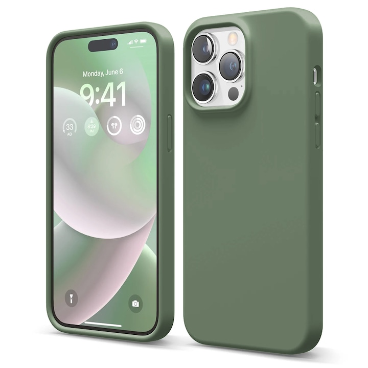 Husa CASEY STUDIOS™ compatibila cu iPhone 14 Pro Max, Soft Silicone Premium, Microfibra in Interior, Webster Green, de Protectie, Ultra Slim, pentru Incarcare Wireless, Margini Ridicate de Protectia Ecranului si a Camerelor