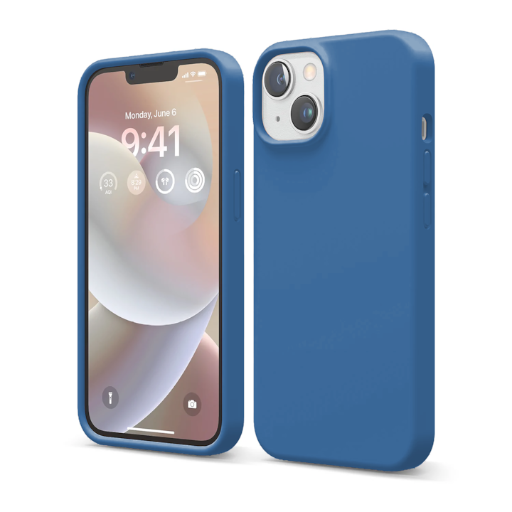 Калъф CASEY STUDIOS™, Мек, Силиконов, За iPhone 14, Силиконов, 30+ цвята, Микрофибър отвътре, Ултратънък, Съвместим с безжично зареждане, Повдигнати ръбове, Cadet Blue