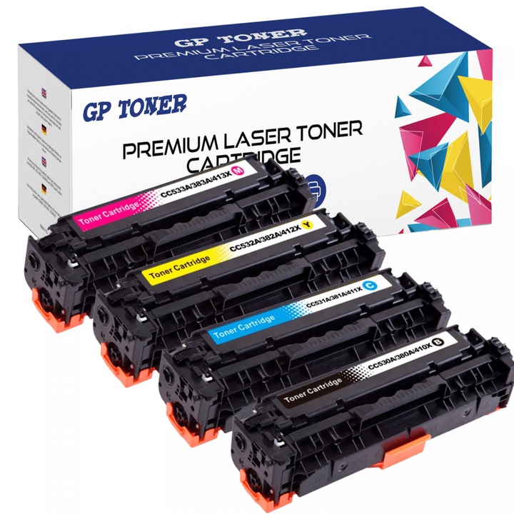Set de 4 Cartus toner, GP Toner, Compatibil cu HP CC530 CE410 CF380 CC531 CE411 CF381 - GP-H534/414/384CMYK 2800 pagini Cyan, Magenta, Galben, Negru