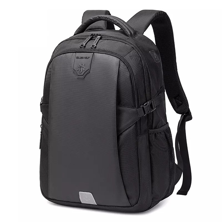 Rucsac laptop 15.6", casual, cu orificiu pentru cabluri audio, Golden Wolf, 43x31x16.5 cm, Negru