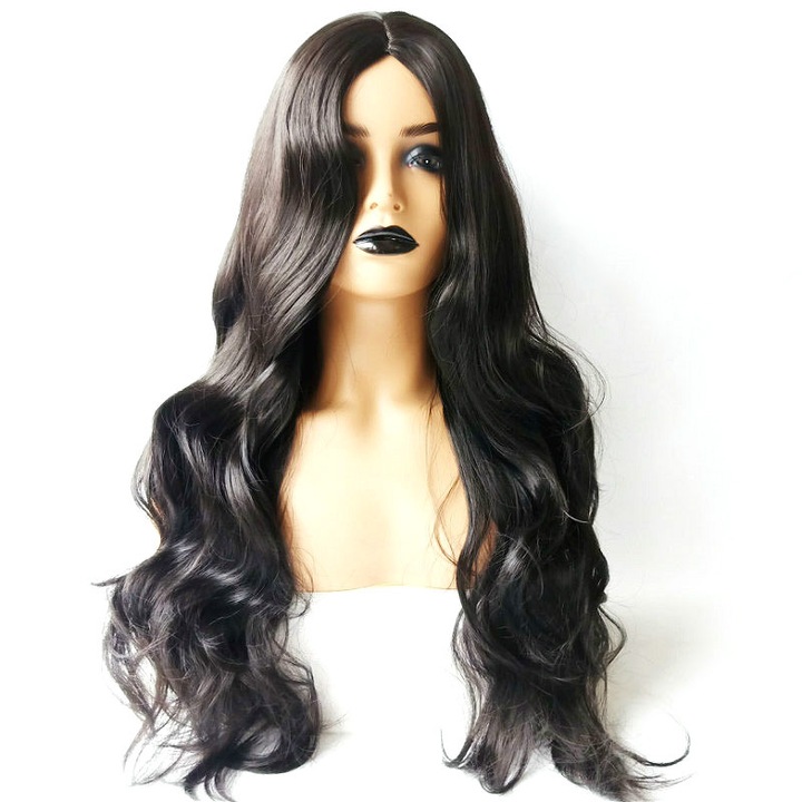 Дамска перука, Дълга коса с големи вълни, естествен вид, Черна