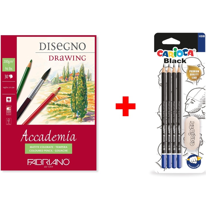 Fabriano Különleges csomag, Accademia Disegno rajzlap, A5, 200gr, 30 lap, Carioca HB ceruza, 4db/szett, radírral