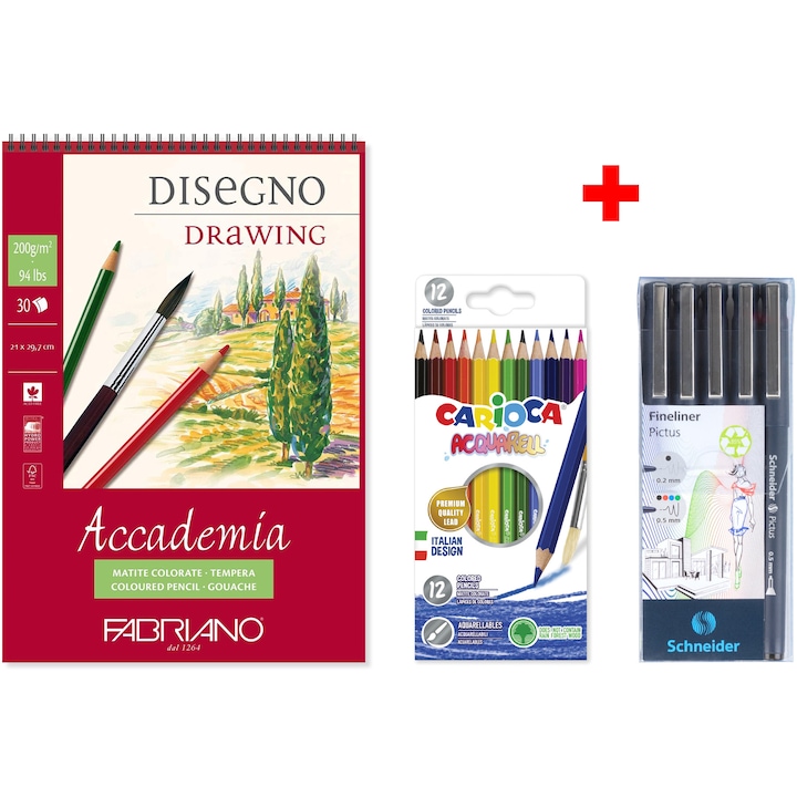Fabriano Különleges csomag, Accademia Disegno rajzlap, A4, 200g, 30 lap, Carioca Aquarell ceruzák, 12db/szett, Schneider Pictus Liner, 5db/szett