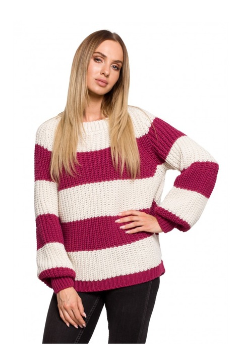 Klasszikus MOE pulóver, csíkos, akril, poliamid, fehér, fukszia, L-XL