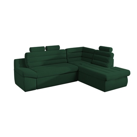 Coltar Quinn, extensibil, lada depozitare, tetiere fixe, stofa, 270 x 225 x 105 cm, Verde