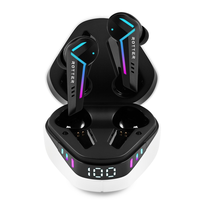 Gaming Bluetooth ROTTER®️ Fülhallgató, Vezeték Nélküli Audio, In-Ear, Digitális Kijelző, Bluetooth 5.3, Zajszűrés, 35 Óra Üzemidő, Érintésvezérlés, Vízálló, Alacsony Késleltetés 50 MS, HD Mikrofon, 8 RGB Szín, Univerzális Kompatibilitás, Fehér