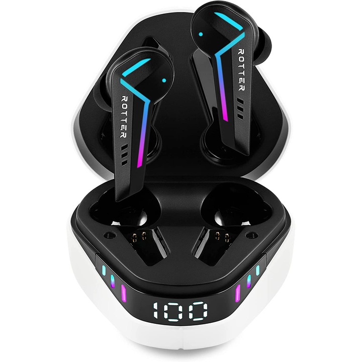 Bluetooth слушалки ROTTER, Ниска латентност 50 ms, Сензорно управление, Bluetooth 5.3 Audio/Gaming безжични слушалки, 35 часа автономност, Водоустойчивост, HD микрофон, Бял