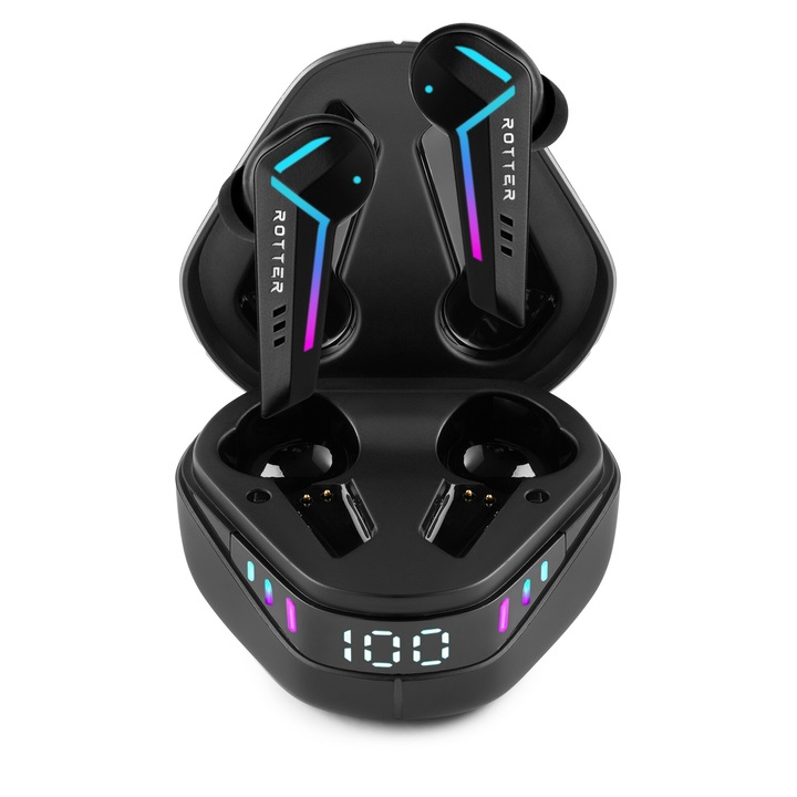 Gaming Bluetooth ROTTER®️ Fülhallgató, Vezeték Nélküli Audio, In-Ear, Digitális Kijelző, Bluetooth 5.3, Zajszűrés, 35 Óra Üzemidő, Érintésvezérlés, Vízálló, Alacsony Késleltetés 50 MS, HD Mikrofon, 8 RGB Szín, Univerzális Kompatibilitás, Fekete