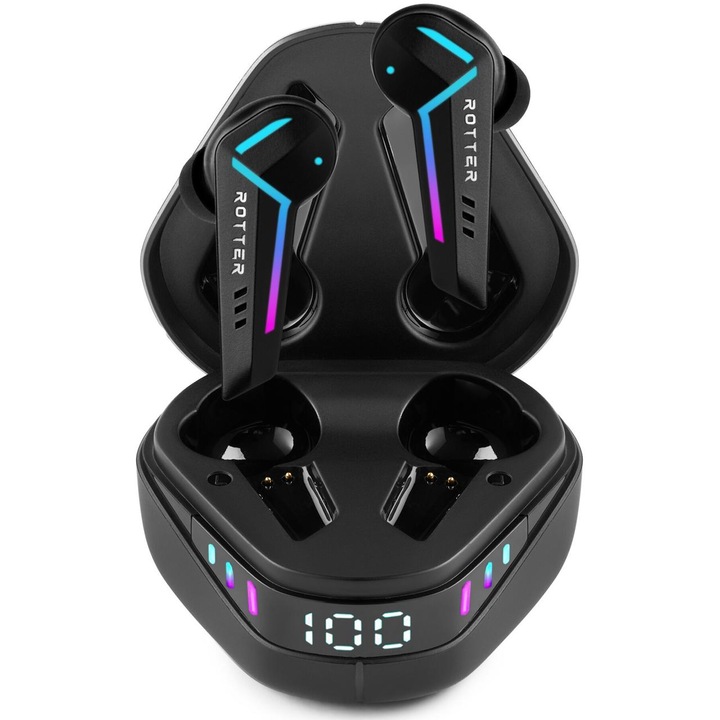 Casti wireless gaming ROTTER®, In-ear Wireless audio, Casti Bluetooth, Casti Fara Fir cu Afisaj Digital, Bluetooth 5.3, Anulare Zgomot, Autonomie 35 ore, Control tactil, IPX4, Latenta 50 ms, Microfon HD, 8 Culori RGB, Gaming Mode, Universale, Negru
