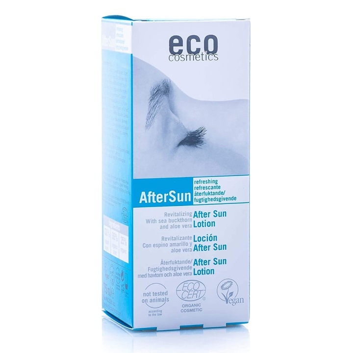 Lotiune After Sun Bio Naturala Certificata cu Aloe si Catina, 75 ml -Eco Cosmetics. Calmeaza pielea si arsurile solare dupa plaja, hidrateaza in profunzime mentinand filmul hidrolipidic natural al pielii. Efect de Confort, Racoritor, Revitalizant