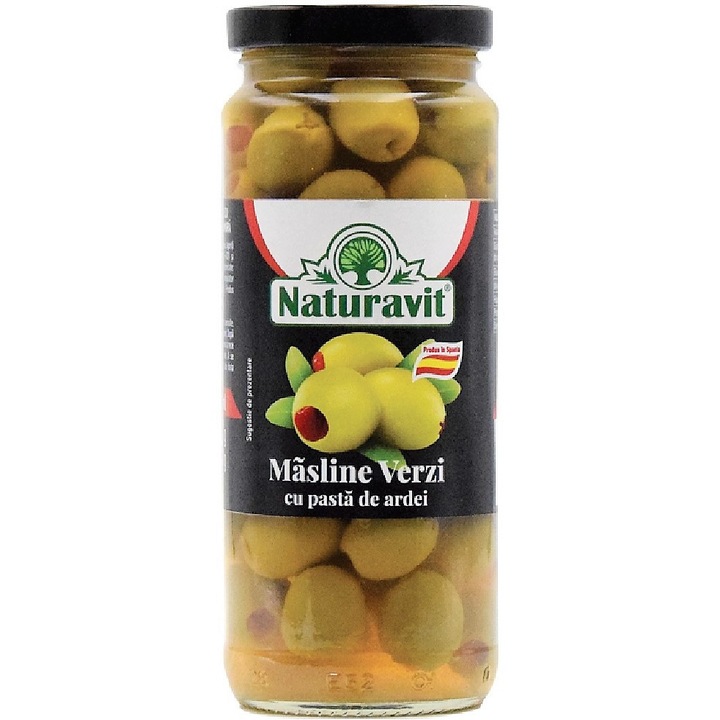 Masline verzi umplute cu pasta de ardei in saramura, 366ml, Naturavit Food