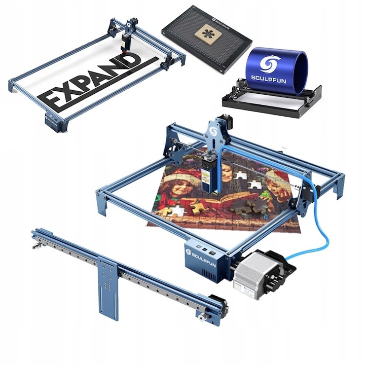 Гравираща машина SCULPFUN S9, 90 W, Удължител / Ролка / Въздушна помпа / Водач / Изпускателна кутия L, Син