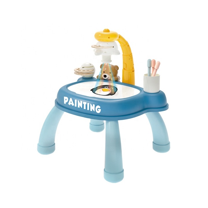 Masuta pentru desen Rabbit, cu proiector si accesorii, 24 modele, albastru, 72 x 28 x 35 cm