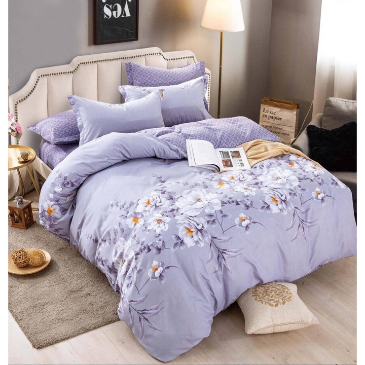 Спален комплект, Jojo Home, JE852, 2 лица, 6 части, 180x200 см, чаршаф с ластик, фин памук, цветя, люляк