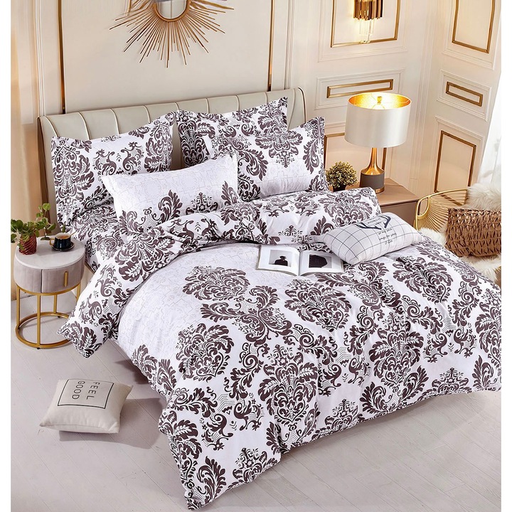 Спален комплект, Jojo Home, JE904, 2 лица, 6 части, 180x200 см, чаршаф с ластик, фин памук, кафяво, бяло