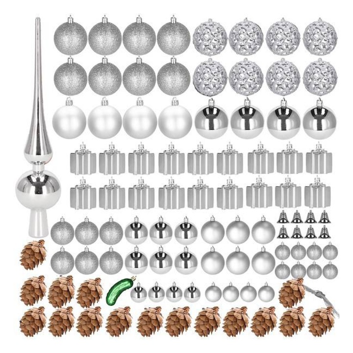 Set 102 Globuri si Decoratiuni de Craciun pentru Brad, din Plastic, culoare Argintiu/Verde/Maro
