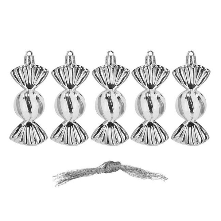Set 5 Globuri de Craciun, in forma de Bomboane, Dimensiune 9 cm, culoare Argintiu
