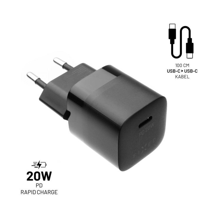 FIXED Mini USB-C Travel Charger 20W + USB-C/USB-C Kábel, Fekete, Töltő