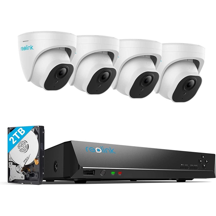 Biztonsági kamera RLK8-800D4-A, Reolink, PoE, H.265, 4K, NVR, 4K/8MP, 8CH, HDD 2TB, fehér