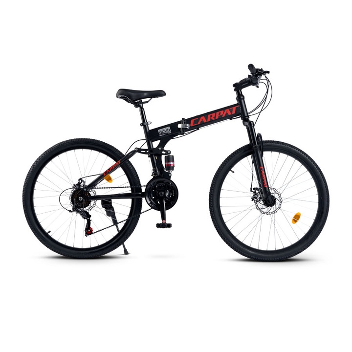 Bicicleta Mtb Pliabila Carpat Full Suspension JSX2668, roata 26 inch, cadru Aluminiu, echipare Shimano, frana pe disc, 21 viteze, negru cu rosu