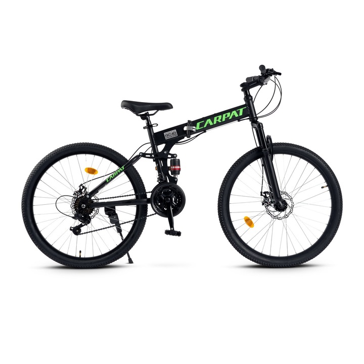 Bicicleta Pliabila MTB din aluminiu cu Roti de 26", Schimbatoare Saiguan, Furca cu suspensie, Frane DISC-fata/spate, 21 Viteze, negru/verde, Folding Mountain Bike Genius Carpat Road Super Sport