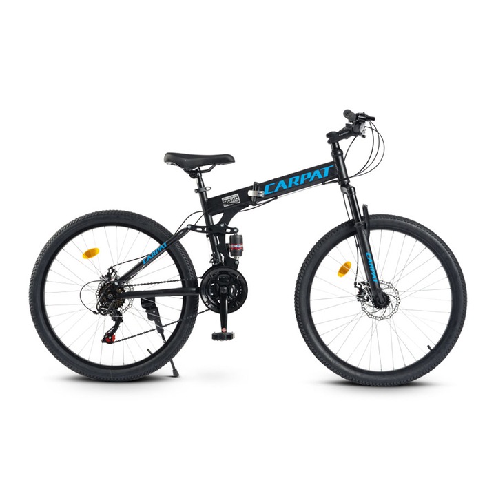 Bicicleta Pliabila MTB din aluminiu cu Roti de 26", Schimbatoare Saiguan, Furca cu suspensie, Frane DISC-fata/spate, 21 Viteze, negru/albastru, Folding Mountain Bike Genius Carpat Road Super Sport