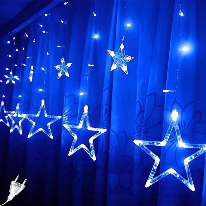 Instalatie De Craciun SIKS, Perdea Lumini LED, Stele Cazatoare, Alimentare Priza, Lungime 3 Metri, Interconectabila, 8 Programe, Lumina Albastra