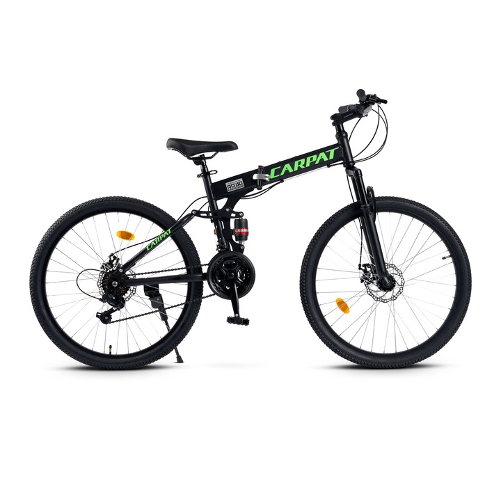 Bicicleta Mtb Pliabila Carpat Full Suspension JSX2668, roata 26 inch, cadru Aluminiu, echipare Shimano, frana pe disc, 21 viteze, negru cu verde