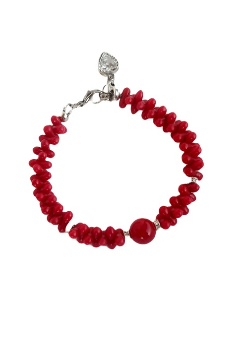 Bratara cu charm inima, realizata manual din coral rosu de calitate, 21 cm