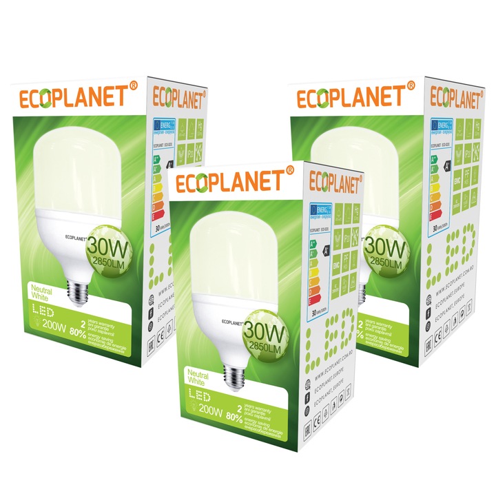 Комплект от 3 броя - LED крушка Ecoplanet T100 цилиндрична форма, E27, 30W (200W), 2850 LM, F, неутрална светлина 4000K, мат