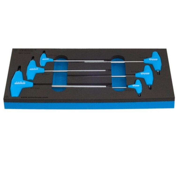 Set de surubelnite cu profil TX cu maner in T in cutie de plastic marca Unior compus din 7 piese