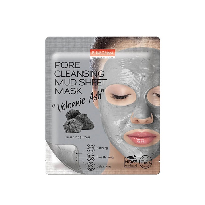 Masca de fata Purederm, Pore Cleansing Mud Sheet Mask, cu cenusa vulcanica, 15 g