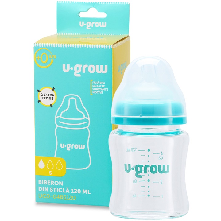 Бутилка U-Grow, Стъклена, 120 мл, С 2 допълнителни биберона