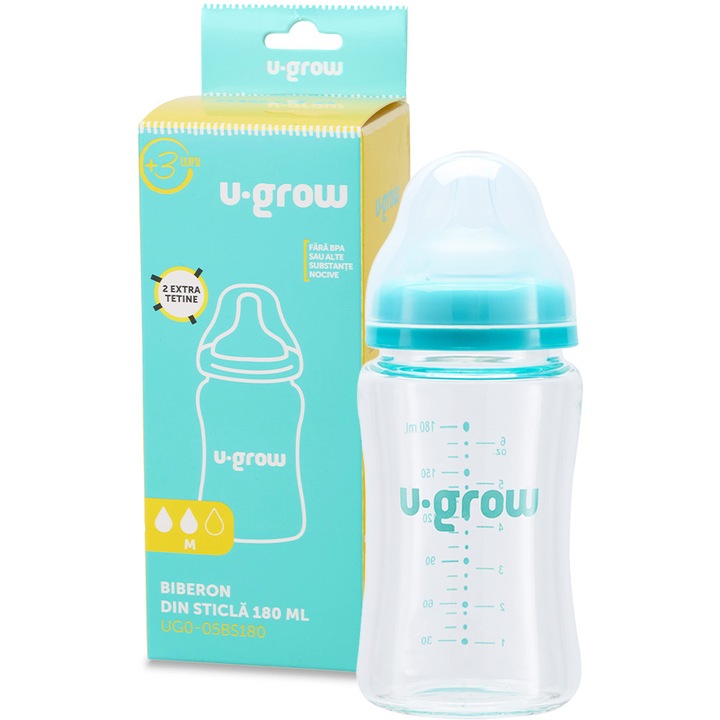 Biberon din sticla cu 2 tetine extra U-Grow, flux mediu, 180 ml, 3 luni+
