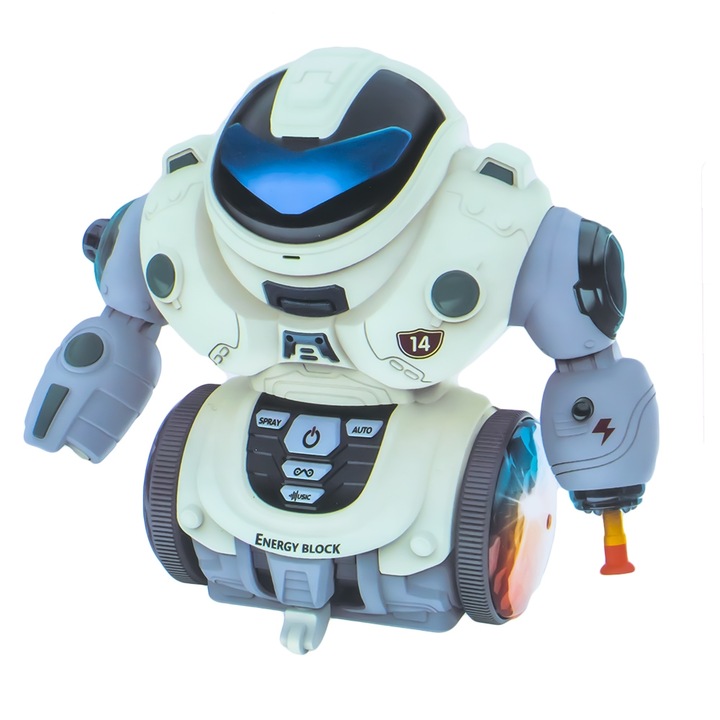 Robot dansator de jucarie, pentru copii, cu lumini, sunete, sistem de pulverizare apa, 17 cm