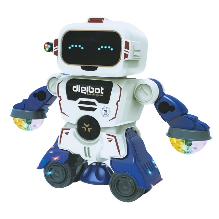 Robot dansator ce se roteste 360 grade, cu sunete si lumini, 17 cm