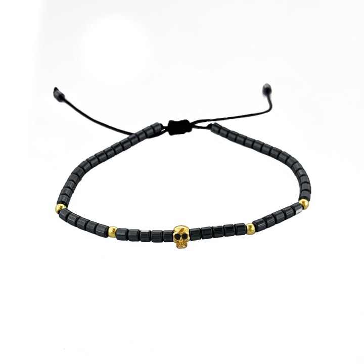 Bratara barbati cu snur reglabil, craniu aur 14K masiv si pietre naturale si hematit, GRATA