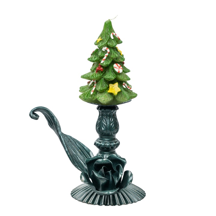 Gyertyatartó, fém, LEWE, Rose Mary, zöld, 17x10 cm és karácsonyfa díszek