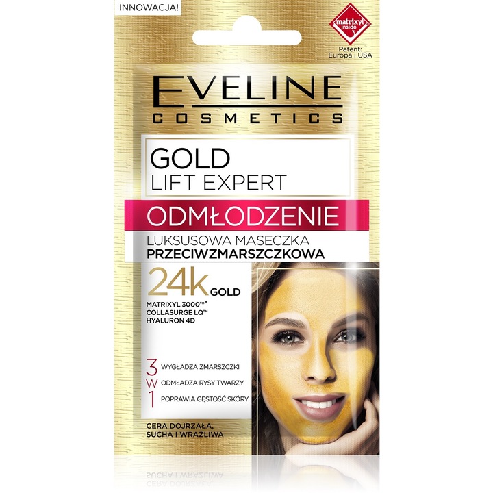 Комплект от 2 маски за лице, Eveline, Gold Lift Expert Rejuvenation, против бръчки, 2х5мл.