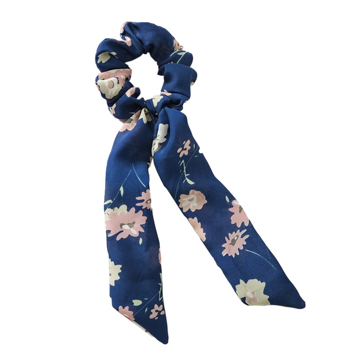 Elastic pentru par, model ponytail, imprimeu floral, albastru royal, EFAYN
