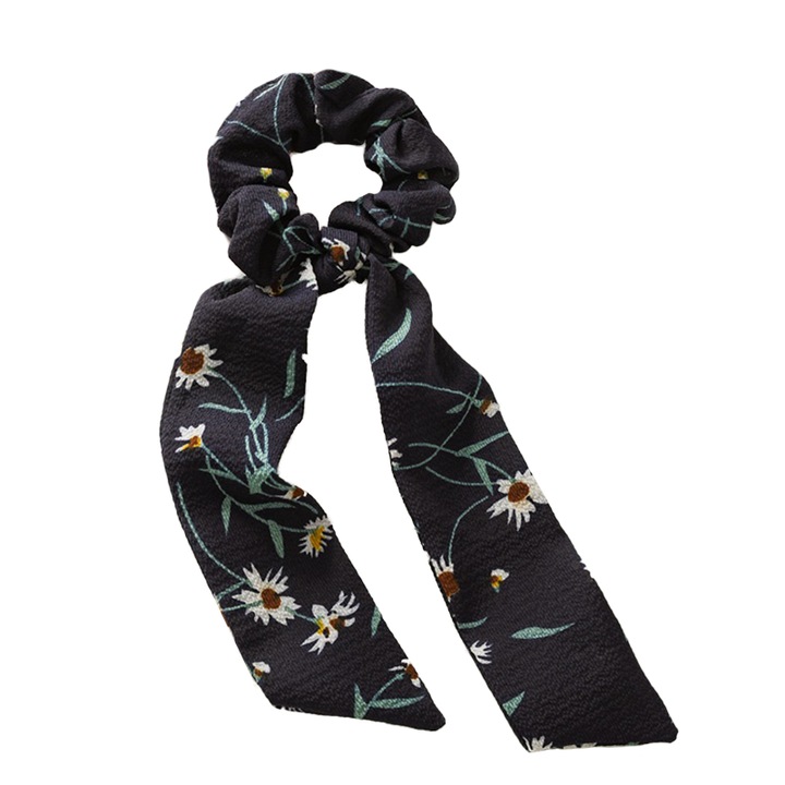 Elastic pentru par, model ponytail, imprimeu floral, albastru inchis, EFAYN