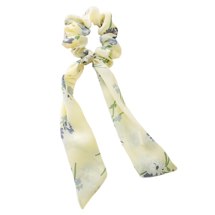 Elastic pentru par, model ponytail, imprimeu floral, galben lamaie, EFAYN