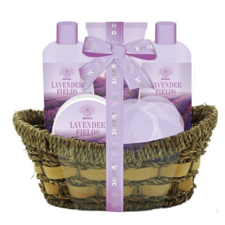 Aurora Lavender Fields testápoló szett, tusfürdő 300 ml, sampon 300 ml, testápoló 180 ml, bőrradír 50 ml, szivacs, levendula