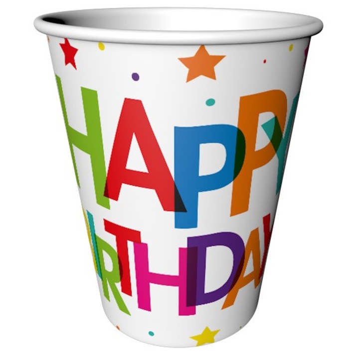 Set 8 Pahare Petrecere, 220/240ml, print Rainbow Happy Birthday, HB7122, Multicolor