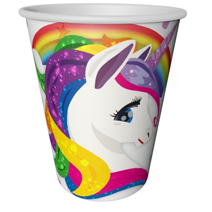 Set 8 Pahare Petrecere, 220/240ml, print Rainbow Unicorn, UN6180, Multicolor