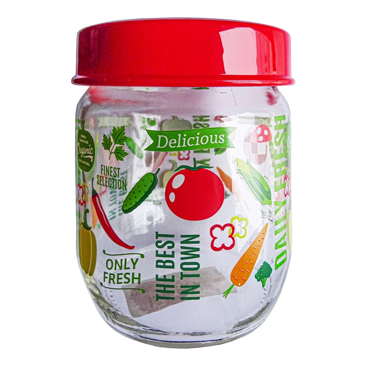 Borcan sticla Natalia Design, 0.66 Litri, 14x8.5 cm, decor Fresh, rosu-verde, capac cu filet