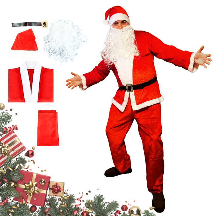 Costum Mos Craciun, pentru Adulti, complet, 5 piese, Marime Universala, Rosu
