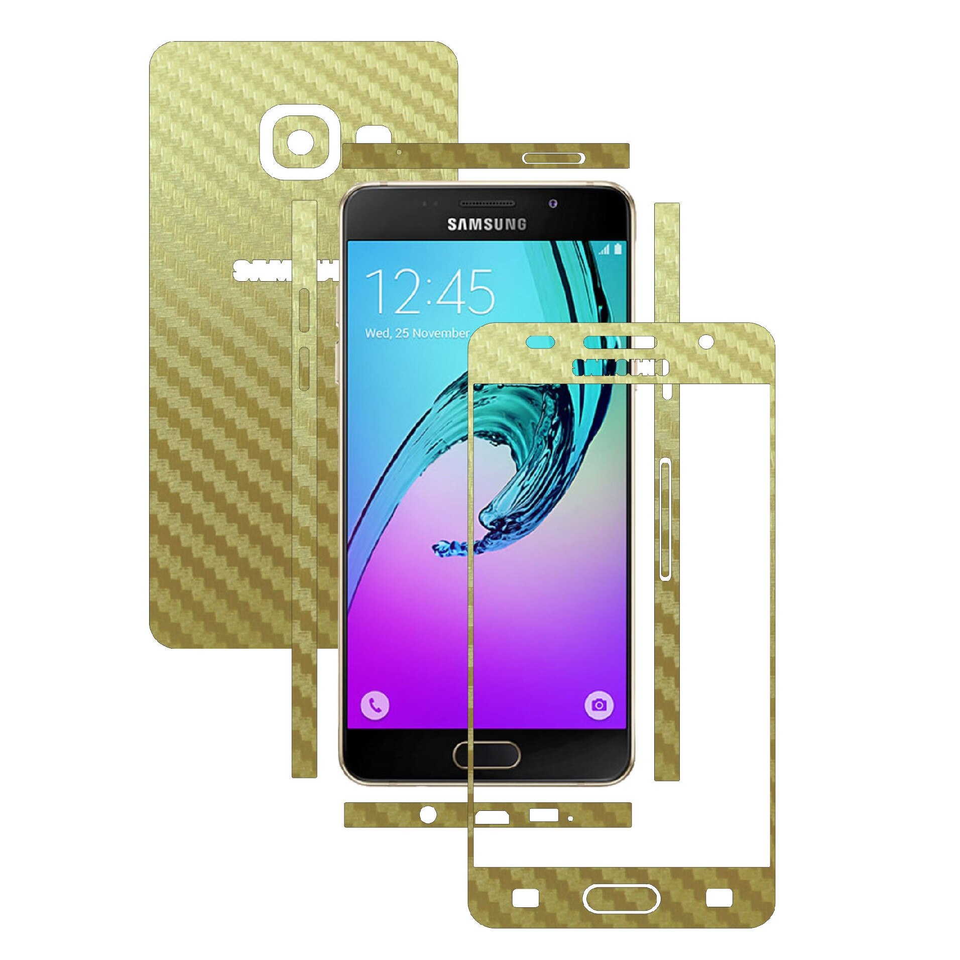 Folie de protectie Carbon Skinz, Inlocuitor Husa, Acoperire Totala a Carcasei, Carbon Auriu pentru Samsung Galaxy A7 2016 & Duos
