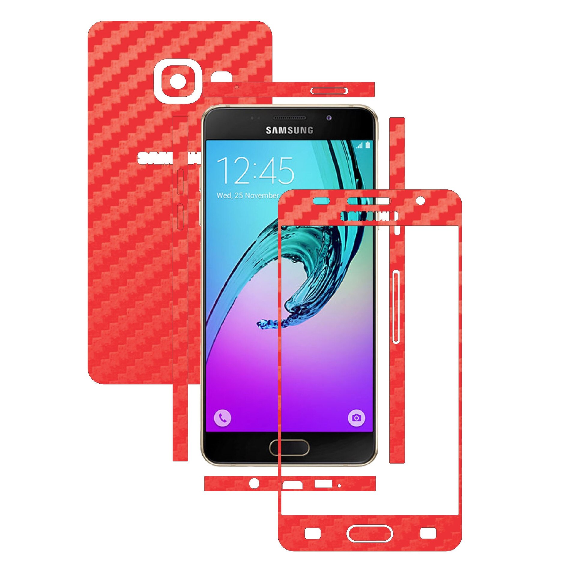 Folie de protectie Carbon Skinz, Inlocuitor Husa, Acoperire Totala a Carcasei, Carbon Rosu pentru Samsung Galaxy A7 2016 & Duos